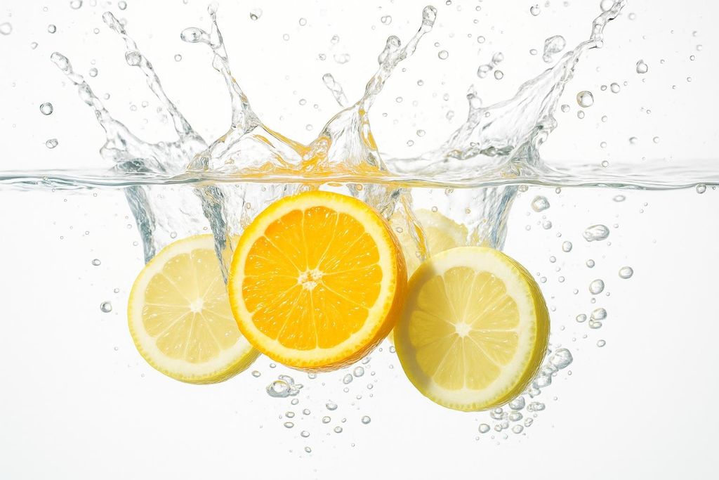 An orange slice and two lemon slices splashing into clear water, creating dynamic water splashes and bubbles against a white background.
