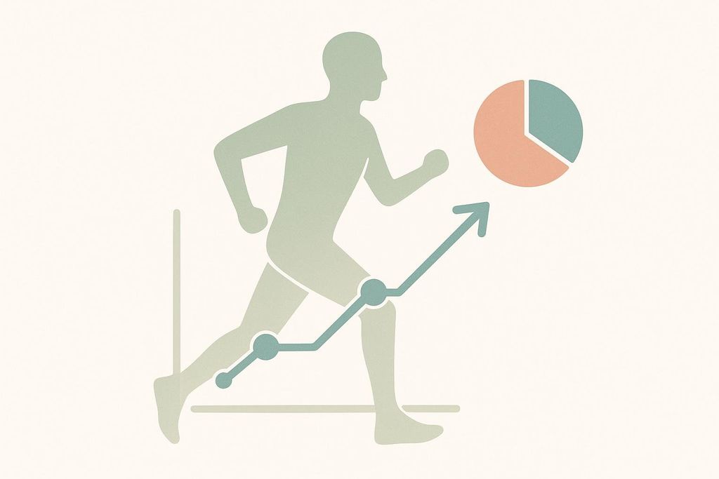 An abstract illustration depicting a person's silhouette in a running pose, overlaid with a rising graph line and a pie chart, symbolizing objective recovery tracking.