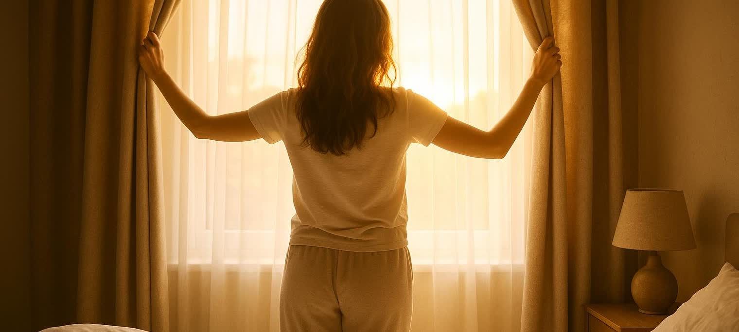 A woman seen from behind, opening curtains to let in bright morning sunlight, which illuminates her hair and the room.