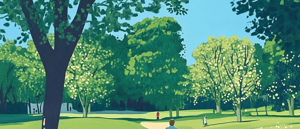 An illustration depicting several people in a green park with lush trees and a clear blue sky.