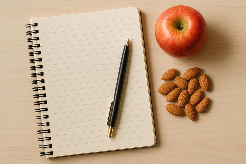 An overhead shot of an open spiral-bound notebook with a black and gold pen lying on it, next to a red apple and a small pile of almonds on a light wooden surface. It represents meal planning and healthy eating.