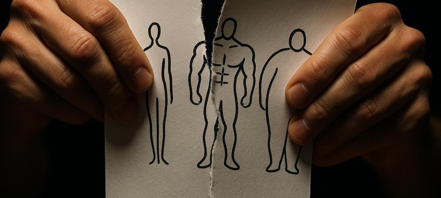 A close-up of a person's hands tearing a piece of paper that has three stick-figure-like illustrations of different body types: thin, muscular, and heavy. The tear goes through the middle, separating the muscular figure. This symbolizes the rejection of rigid or pseudoscientific body categorization.