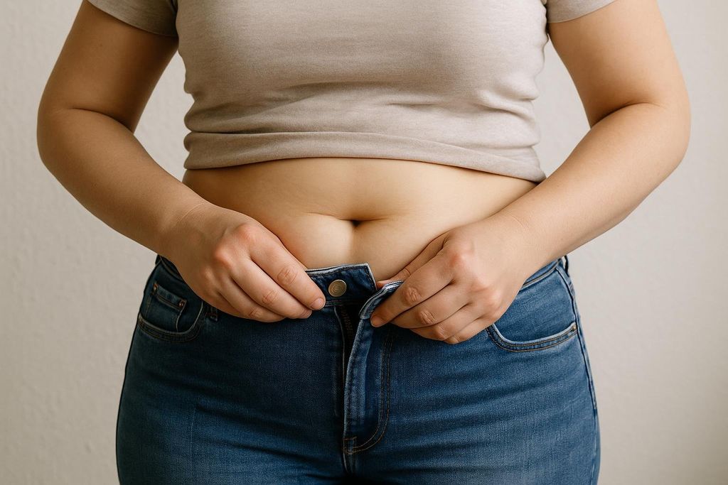 A woman's midsection as she struggles to fasten a pair of tight blue jeans, showing abdominal weight gain.