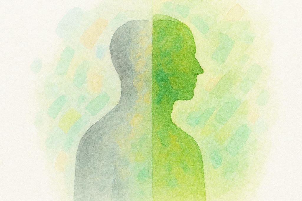 An abstract watercolor illustration showing a person's silhouette split vertically; the left side is grey and the right side is vibrant green. The background has splotches of various green and yellow hues. It symbolizes the concept of reducing biological age or transformation towards a healthier state.
