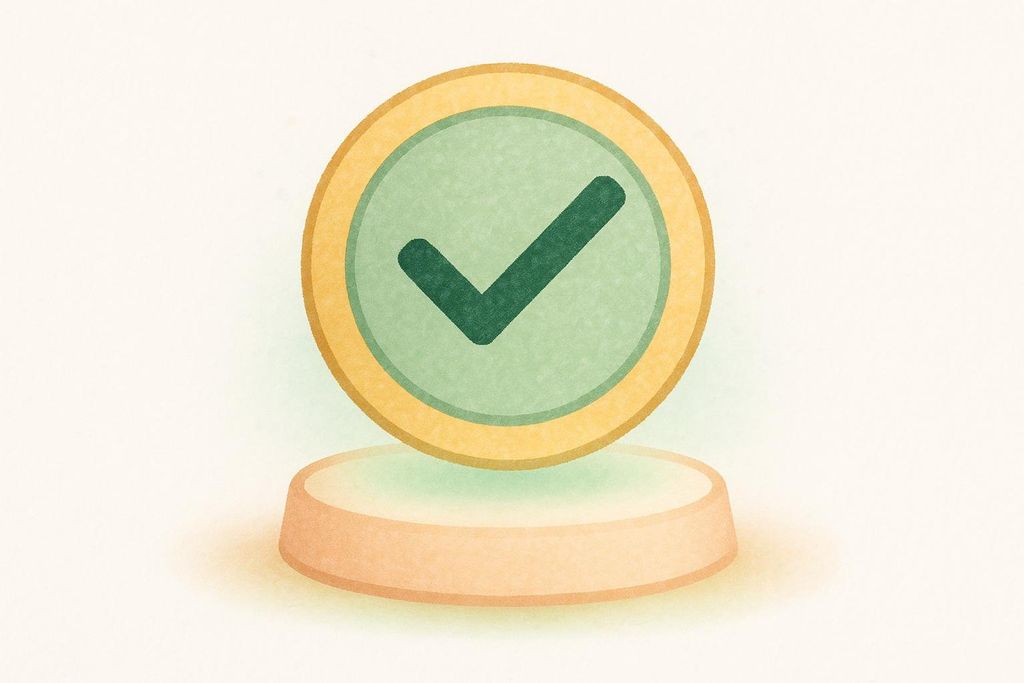 An illustration of a circular badge with a green checkmark on a light green background, surrounded by a gold border. The badge rests on a light orange pedestal. The image has a textured, slightly grainy appearance, resembling a watercolor or pastel drawing.