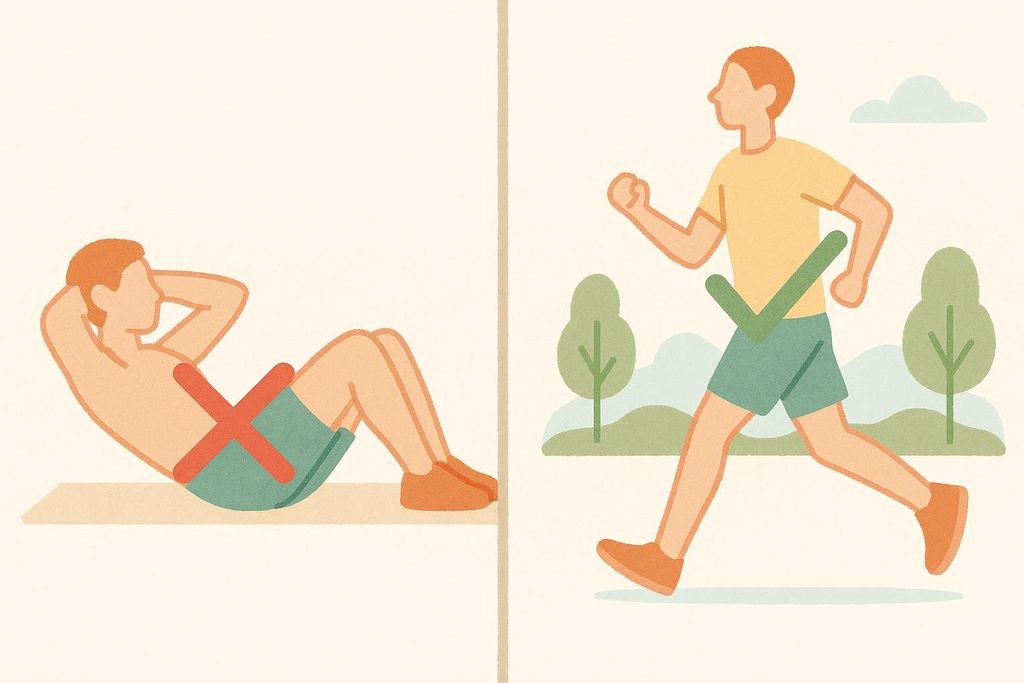 An illustration comparing the effectiveness of crunches for spot reduction (shown with an 'X' over the stomach area) versus full-body exercise like running for overall fat loss (shown with a checkmark).