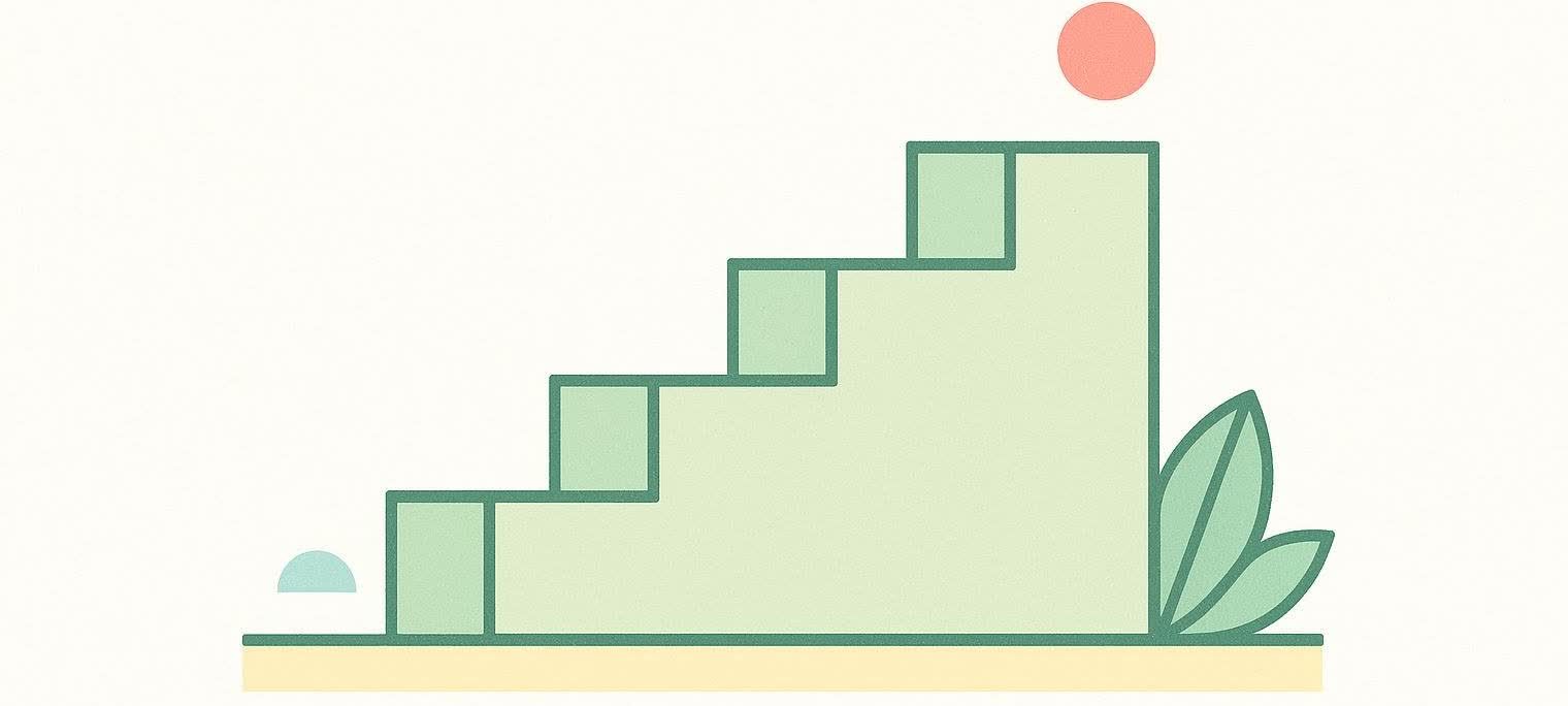 An illustration depicting a light green staircase with a bold green outline, symbolizing a titration dosing schedule. A small blue semi-circle sits at the bottom left, and a red circle is at the top right of the stairs. Two green leaves are visible on the right side at the base of the staircase section.