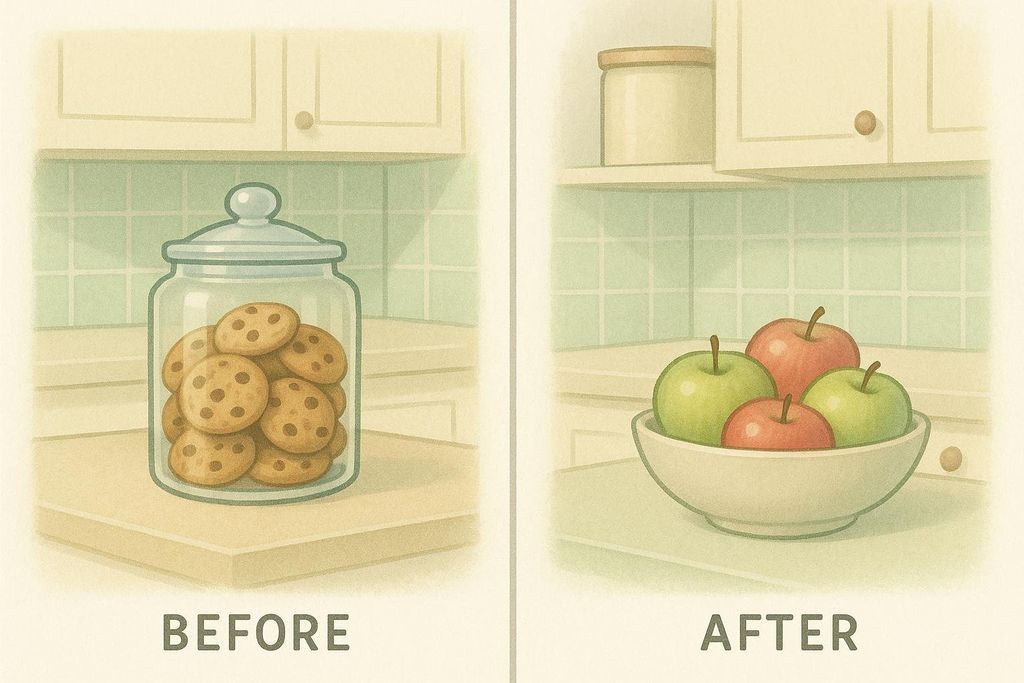 An illustration showing two scenes in a kitchen. The left scene, labeled 'BEFORE', features a glass jar full of chocolate chip cookies on a countertop. The right scene, labeled 'AFTER', shows a bowl of red and green apples on the same countertop, replacing the cookies. This illustrates the concept of making healthy choices easier by putting fruit in sight and hiding unhealthy trigger foods.