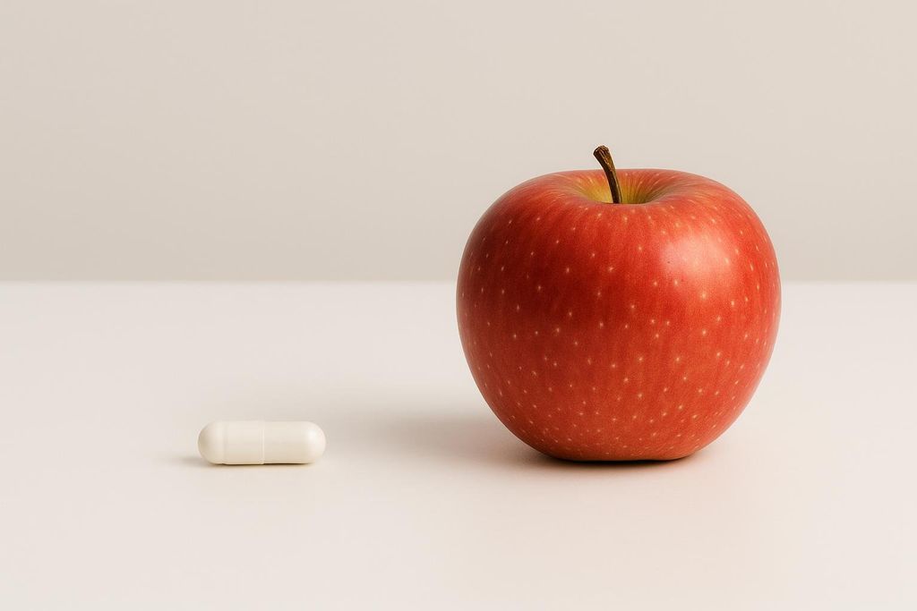 A white supplement capsule lies on a white surface to the left of a whole red apple, symbolizing the preference for a food-first approach to nutrition.