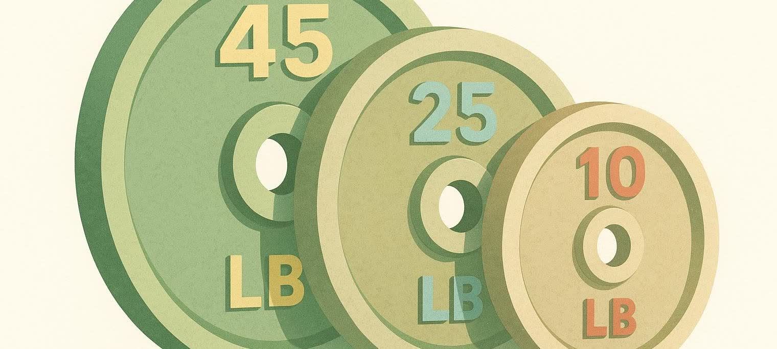 A geometric illustration featuring three overlapping weight plates. From left to right, the plates are labeled 45 LB (green), 25 LB (light green), and 10 LB (tan).