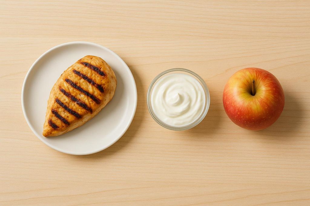 Flat lay visual of a healthy meal featuring grilled chicken on a plate, greek yogurt in a small bowl, and a red and yellow apple.