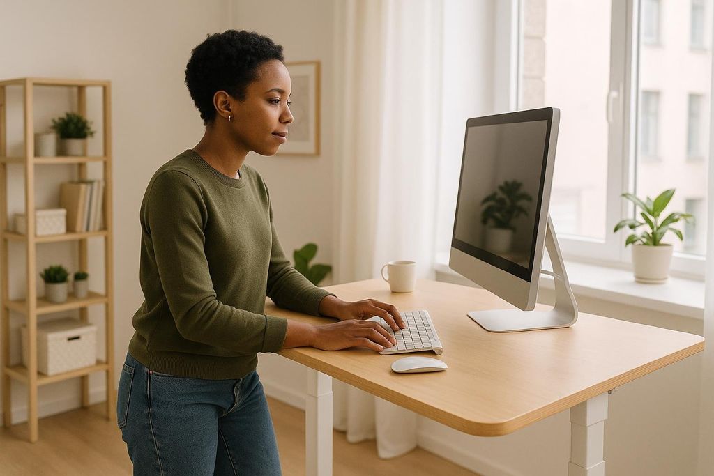 A woman with short, dark curly hair wearing a green sweater and jeans stands at a light wood standing desk, typing on a keyboard with a white mouse next to it. A computer monitor and white mug are also on the desk. In the background there is a wooden bookshelf with plants and books, and a window with white curtains and a view of a building outside.