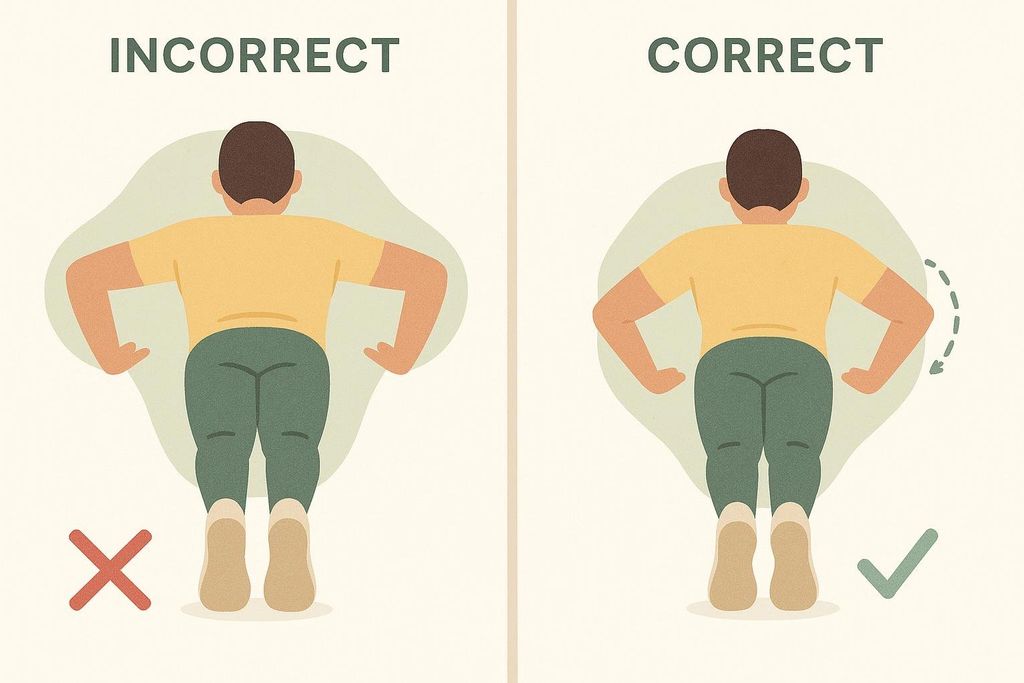 Illustration showing the incorrect and correct elbow position during a push-up. The incorrect position has elbows flared out, contrasted with the correct position where elbows are tucked at about 45 degrees.