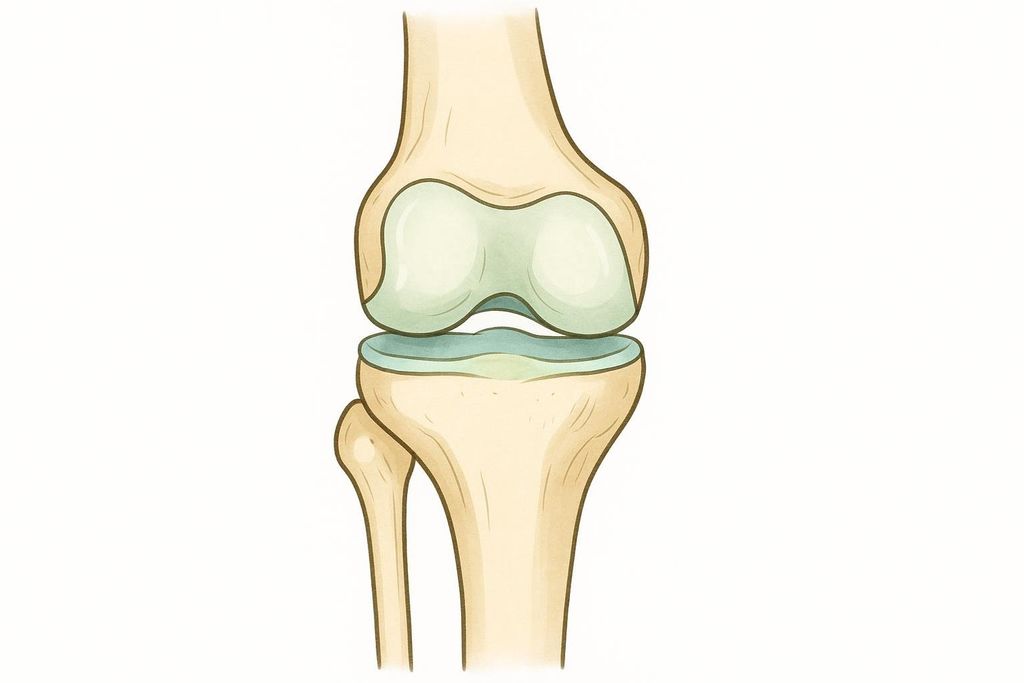 An illustration of a healthy knee joint, showing the femur, tibia, and fibula bones with smooth, bluish-green cartilage cushioning the joint surfaces.