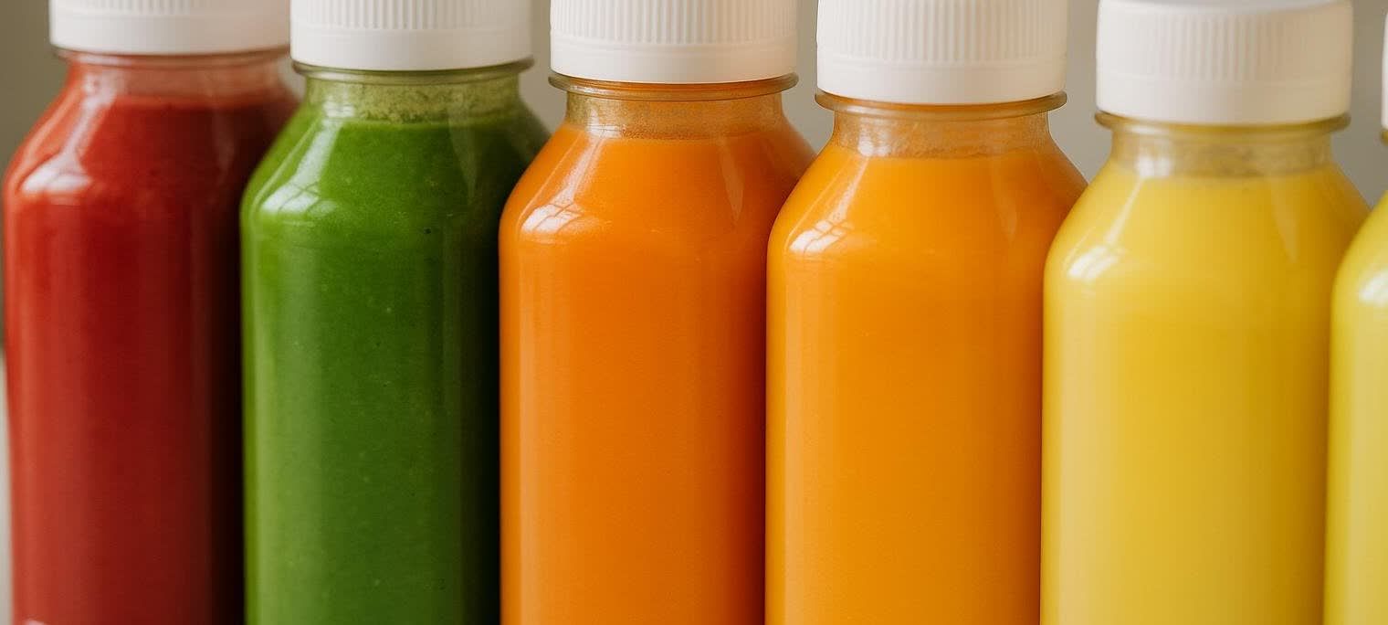 A close-up shot of a row of colorful, sealed juice cleanse bottles, including red, green, and various shades of orange and yellow, all with white caps.
