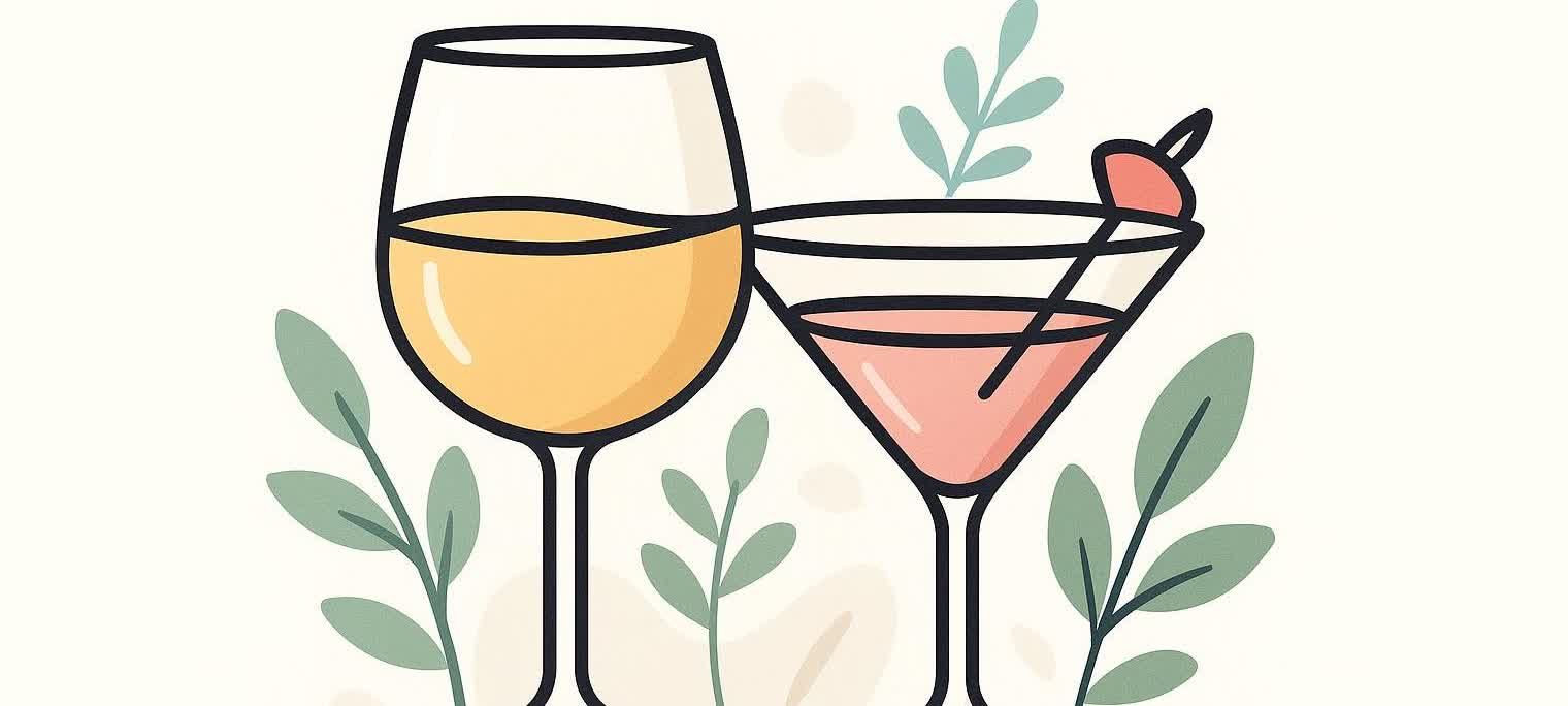 Abstract vector art of a wine glass and cocktail glass surrounded by nature.