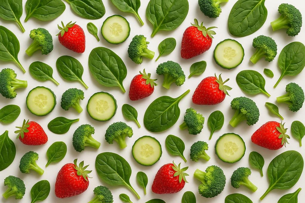 A flat lay pattern of fresh strawberries, spinach leaves, cucumber slices, and broccoli florets arranged neatly on a white background.