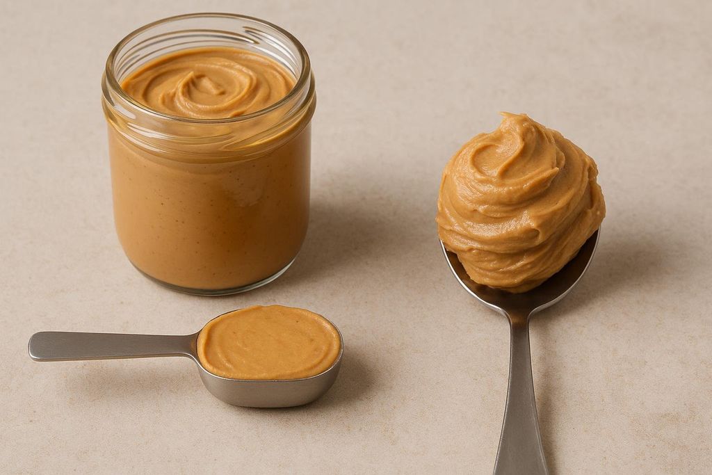A photograph showing a measuring tablespoon of peanut butter next to a regular tablespoon with a large, mounded amount, highlighting the difference in portion size.