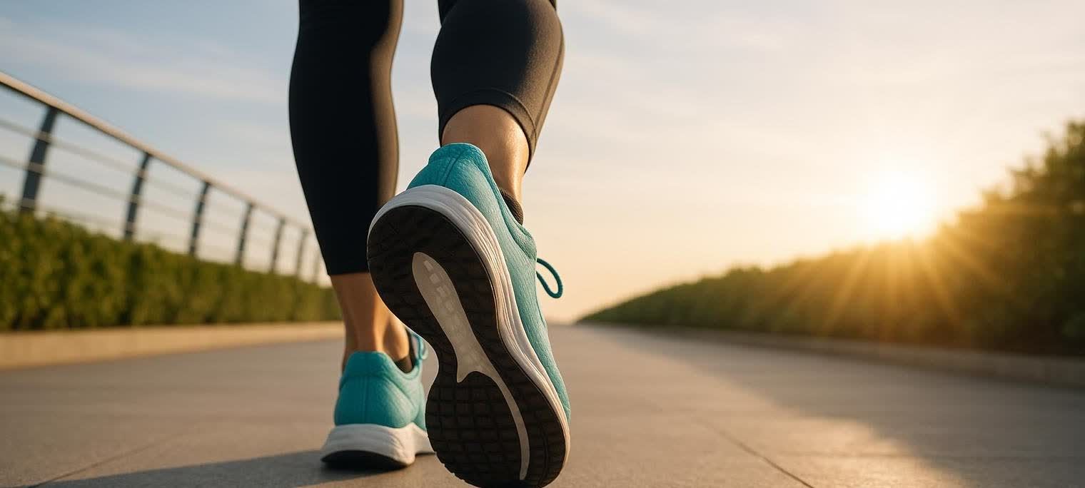 A close-up of a person's feet in turquoise athletic shoes walking forward on a paved path, with the bright morning sun rising in the distance, casting a warm glow.