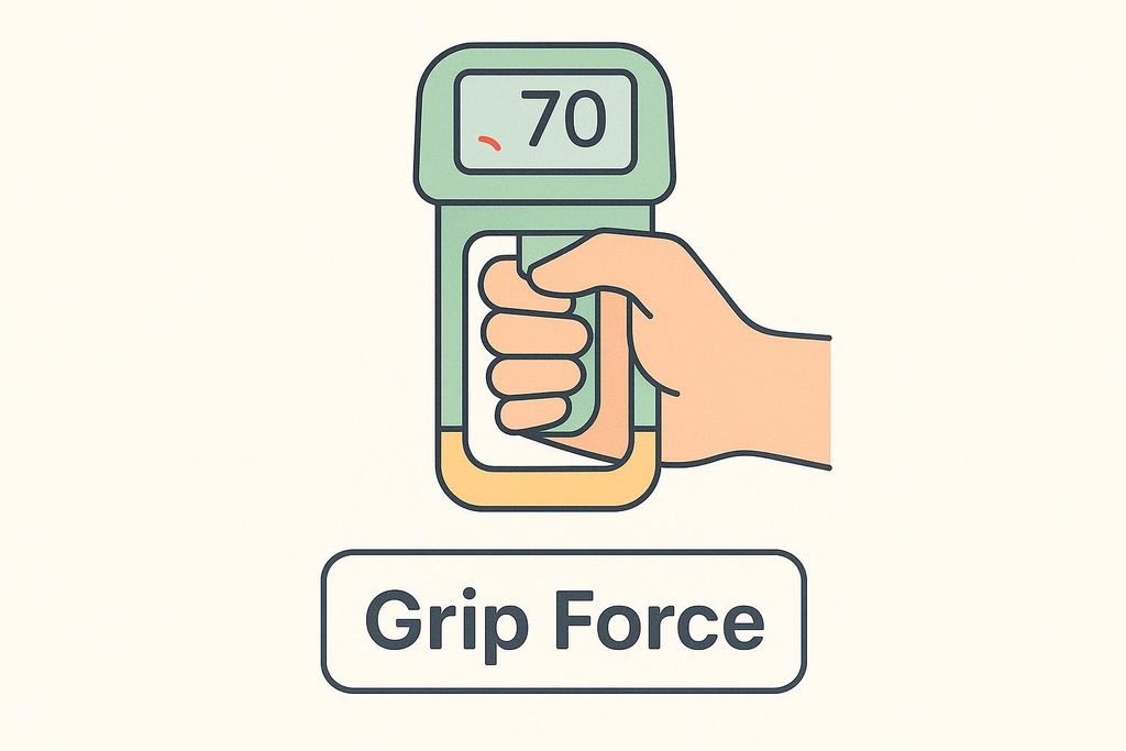 A stylized diagram illustrating grip force measurement. A hand is shown squeezing a green and yellow dynamometer, which displays '70' on its digital screen. Below the diagram, the words 'Grip Force' are displayed in a rounded rectangular box.