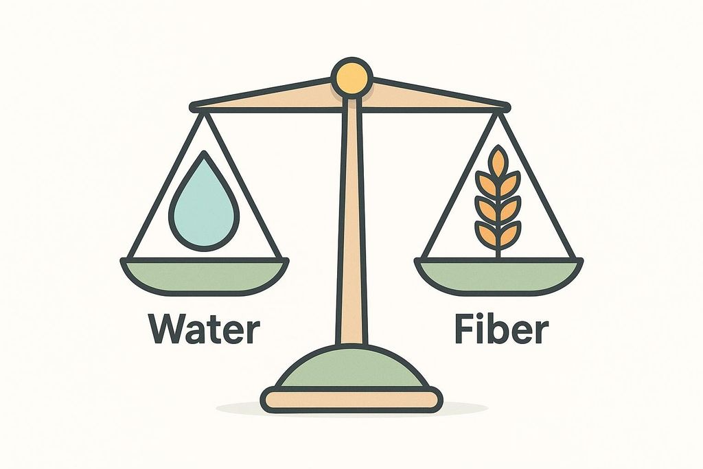 An illustration of a classic balance scale, with a light blue water droplet on the left pan and a golden wheat stalk representing fiber on the right pan. Both sides are perfectly balanced, with the words 'Water' and 'Fiber' written below their respective pans.