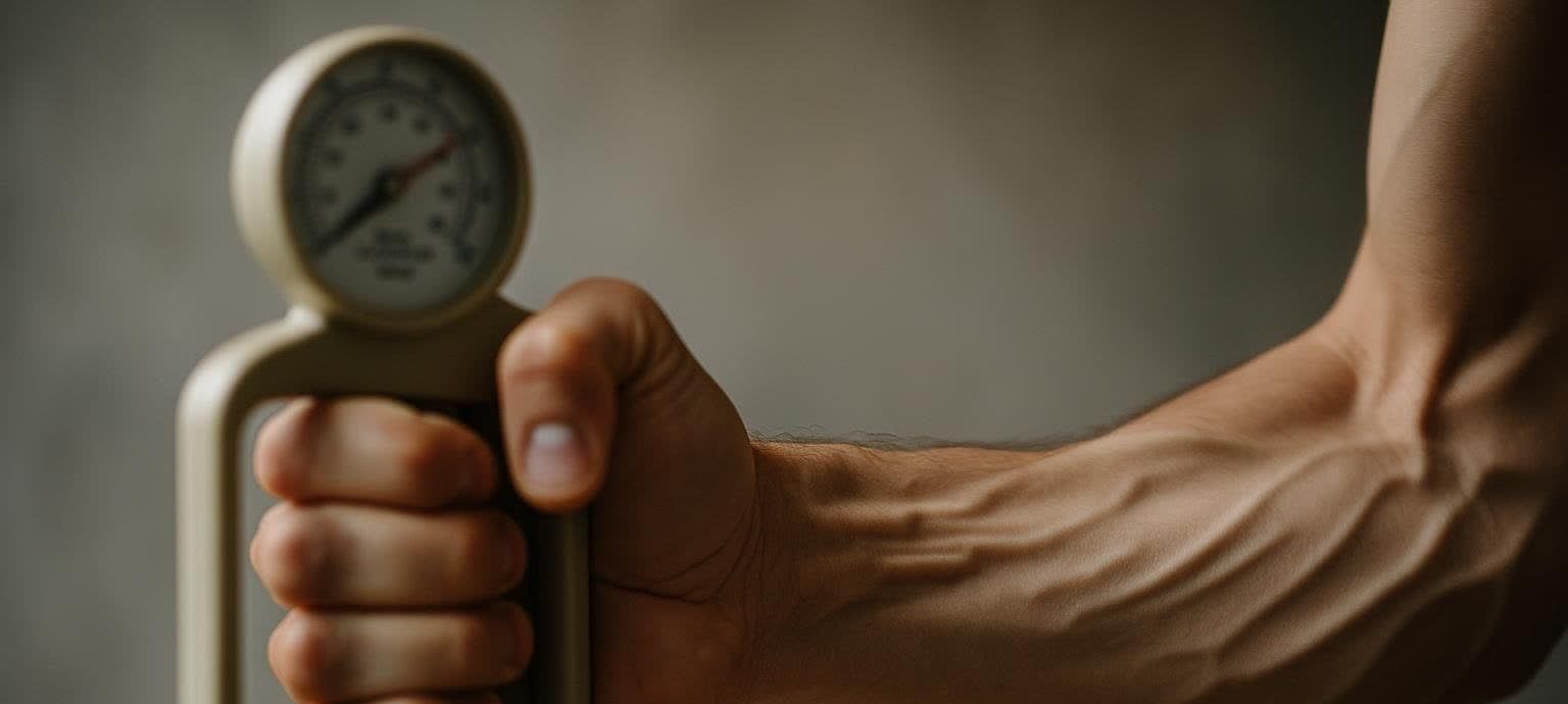 Close-up of a hand squeezing a grip tester, highlighting the veins and muscle activation in the forearm. The grip tester has a dial with a needle, partially visible in the blurred background.