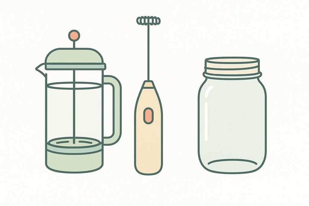 An illustration showing three tools for frothing at home: a French press, a handheld electric milk frother, and a glass mason jar.
