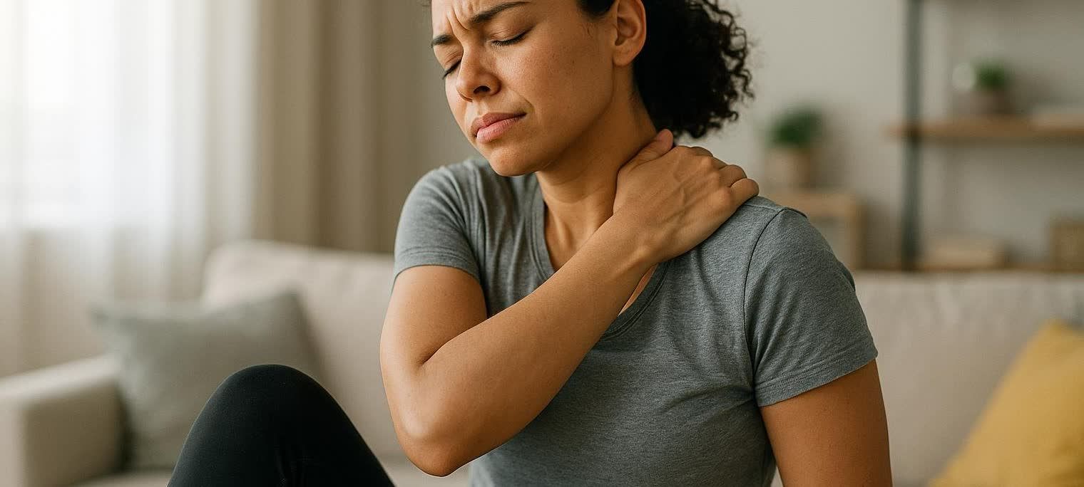 A woman with her eyes closed, wearing a grey t-shirt, massages an aching muscle in her neck and upper shoulder with her left hand, her brow furrowed in discomfort.