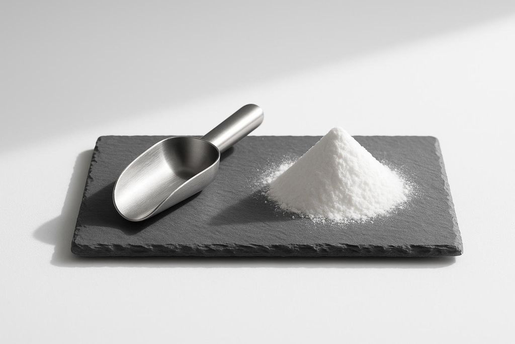A minimalist photo of a supplement scoop and white powder.
