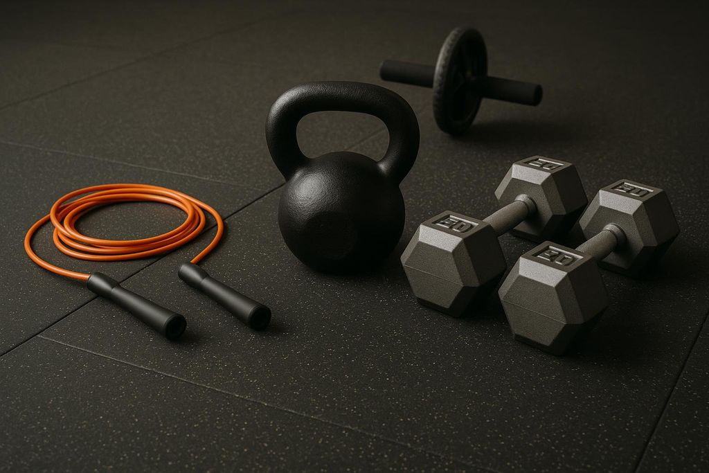 A jump rope, kettlebell, and two dumbbells are neatly arranged on a dark gym floor, alongside an ab roller in the background. The equipment suggests a variety of workout options.