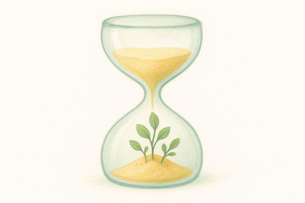 An illustration of an hourglass with sand flowing into the bottom bulb, where young green plants are growing from the sand, symbolizing growth and renewal over time.