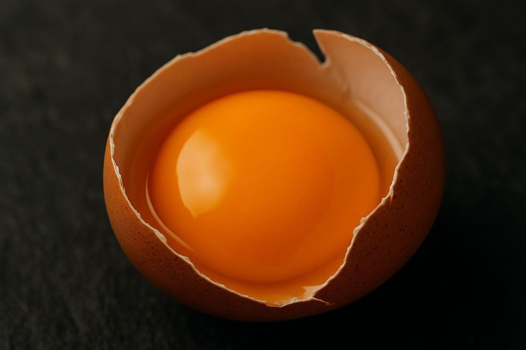 A close-up on a vibrant egg yolk inside a cracked brown eggshell, against a dark background. The yolk is a rich orange color with a glossy surface.