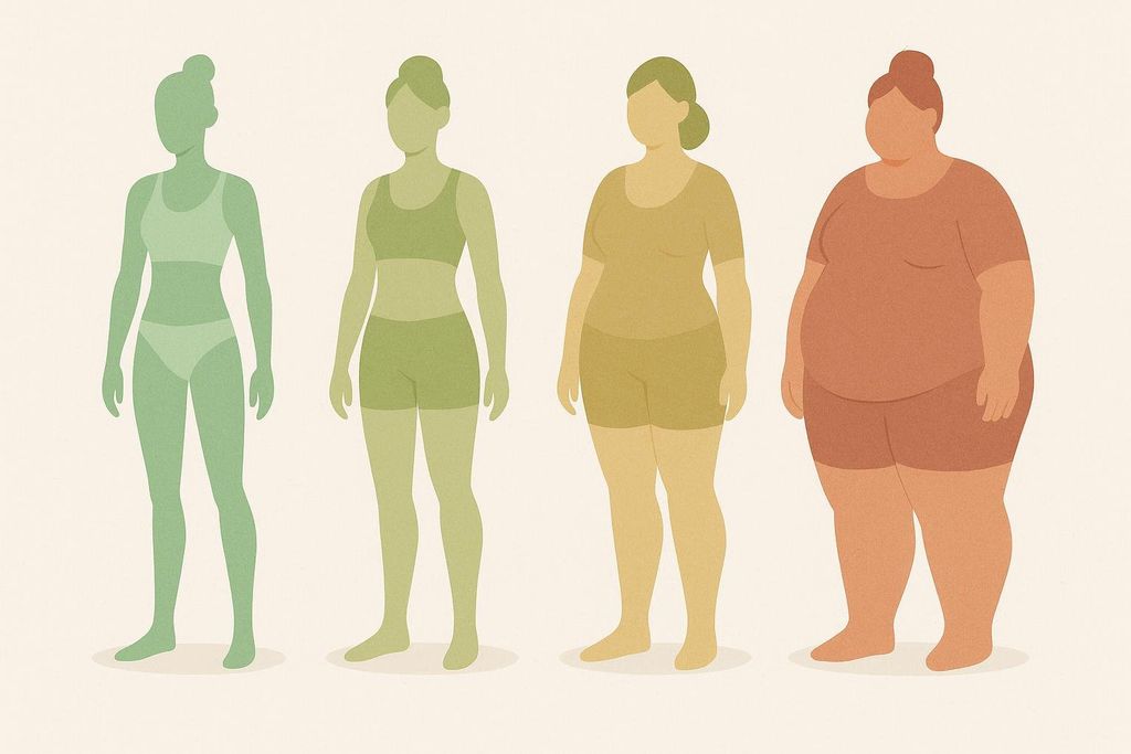 Illustration of four female silhouettes in different colors, representing varying body fat categories from lean, to normal, overweight, and obese.