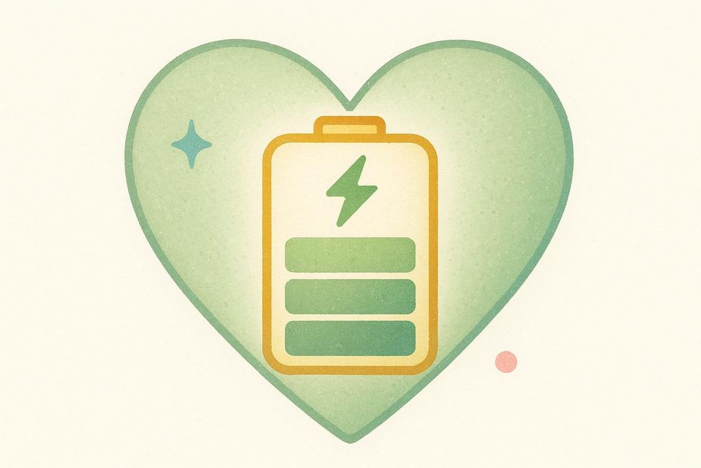 An illustration of a heart outline in light green, with a battery icon inside it. The battery is two-thirds full with three green bars, and a yellow lightning bolt indicates it is charging, against a lighter yellow background. A small blue star is on the left side of the heart, and a small pink dot is on the right, all on an off-white background.