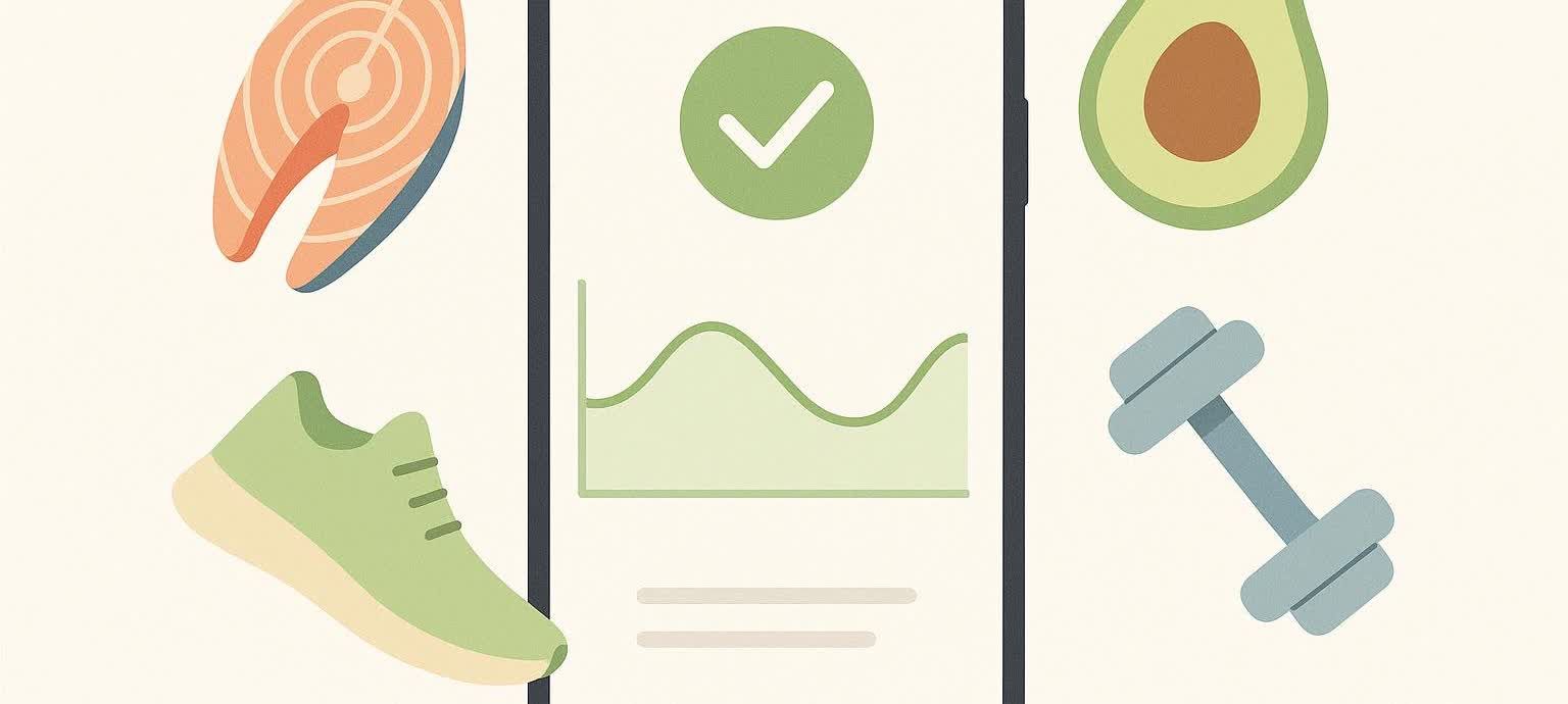 An illustration of a smartphone app designed for managing diabetes. The screen shows a stable, green glucose graph with a checkmark indicating good health, bordered by icons of healthy items like salmon, an avocado, a running shoe, and a dumbbell, representing diet and exercise.