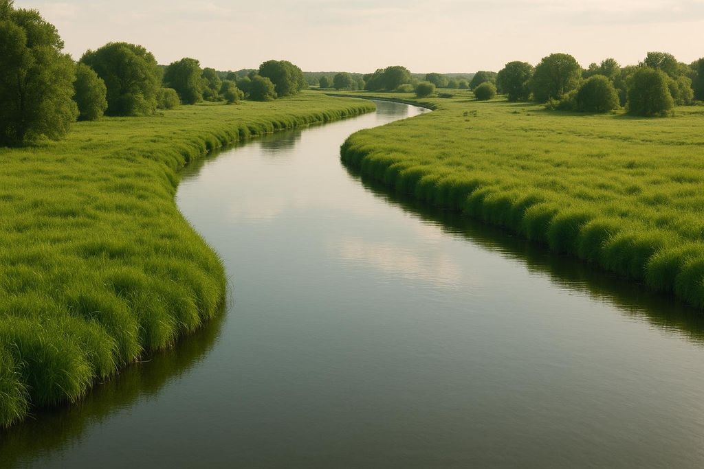 A smooth, dark river meanders through a lush, bright green grassy landscape under a soft, light sky. Trees line the distant banks, adding depth to the serene natural scene.