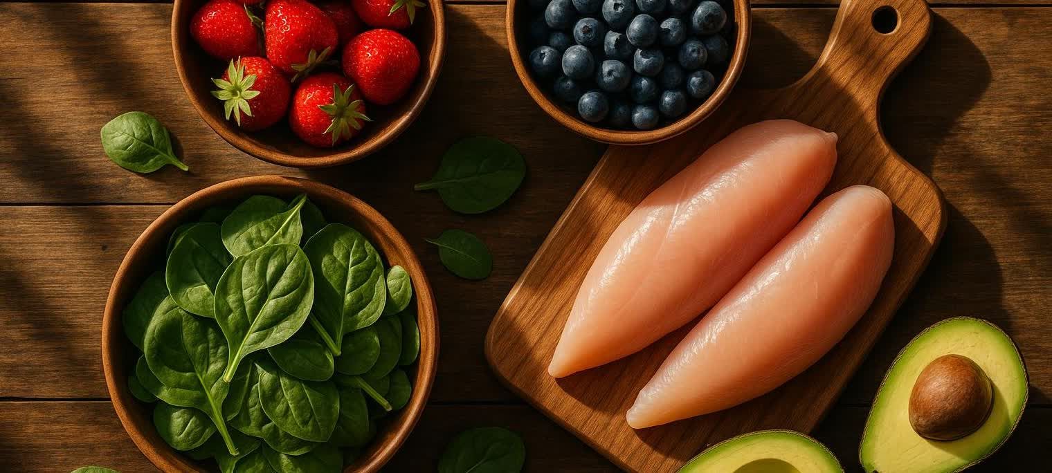 A vibrant assortment of healthy foods including strawberries, blueberries, spinach, raw chicken breasts on a cutting board, and sliced avocado, all arranged on a wooden countertop under natural light.