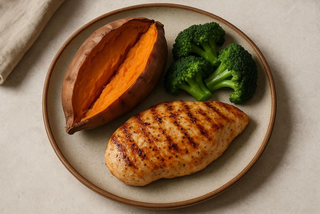 A balanced plate featuring grilled chicken breast, a split baked sweet potato with bright orange flesh, and three florets of steamed broccoli, all served on a light-colored plate.
