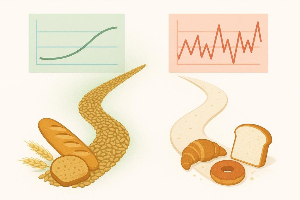 An illustration comparing the effect of quality carbohydrates, represented by whole grains and bread with a stable upward sloping graph, versus refined carbohydrates, represented by a croissant, donut, and white bread with a spiky, volatile graph, on blood sugar levels for PCOS.
