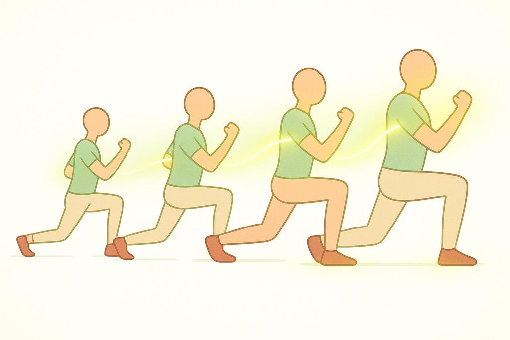 An abstract illustration showing four figures in a row performing lunges. A glowing line connects their backs, progressively getting brighter and thicker from left to right, symbolizing the increasing power and benefits of consistency in a workout plan.