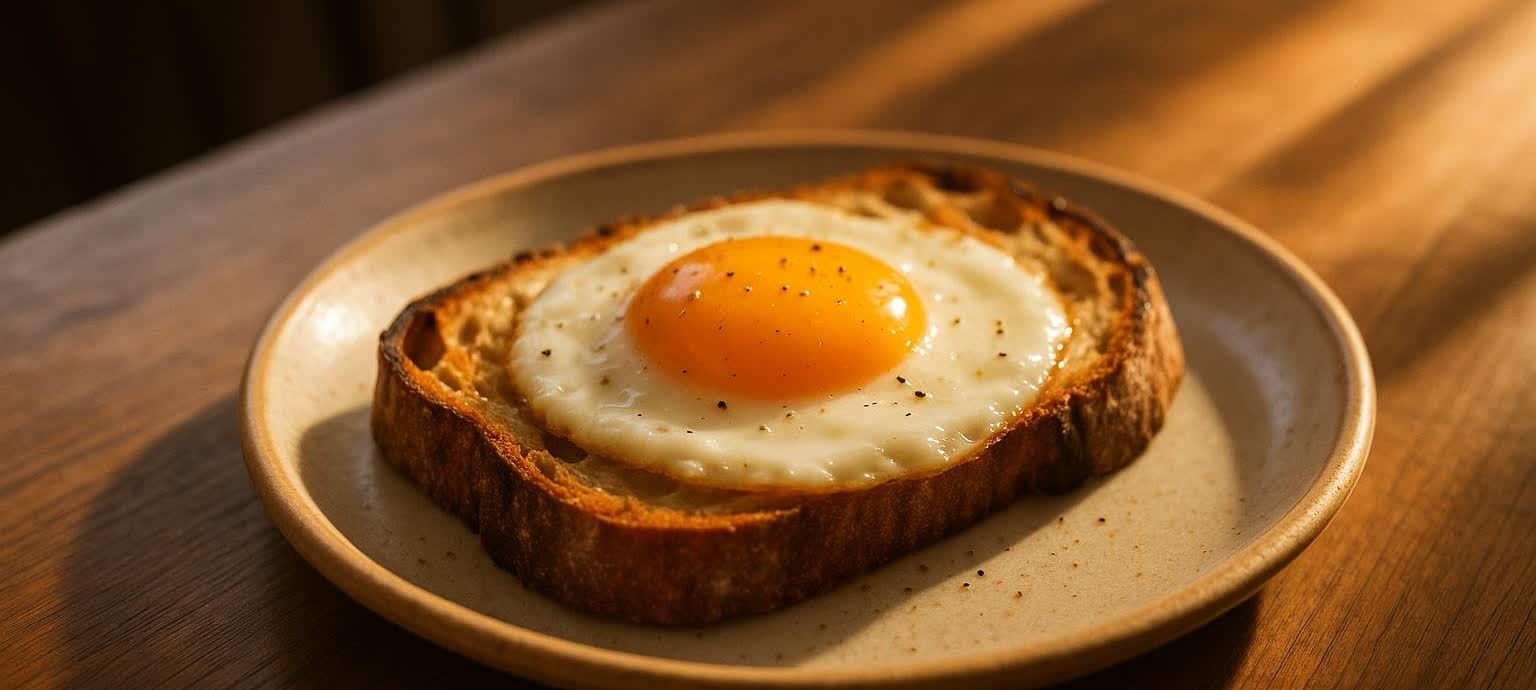A close-up of a sunny-side-up egg with cracked black pepper on toasted artisan bread, served on a light-colored plate. Bright morning sunlight casts shadows on the wooden table, highlighting breakfast.