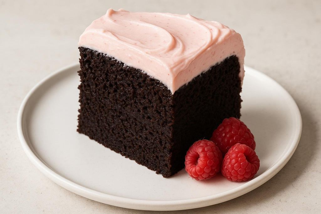 A close-up of a slice of dark chocolate cake topped with a pale pink raspberry frosting, sitting on a white plate next to three fresh raspberries.