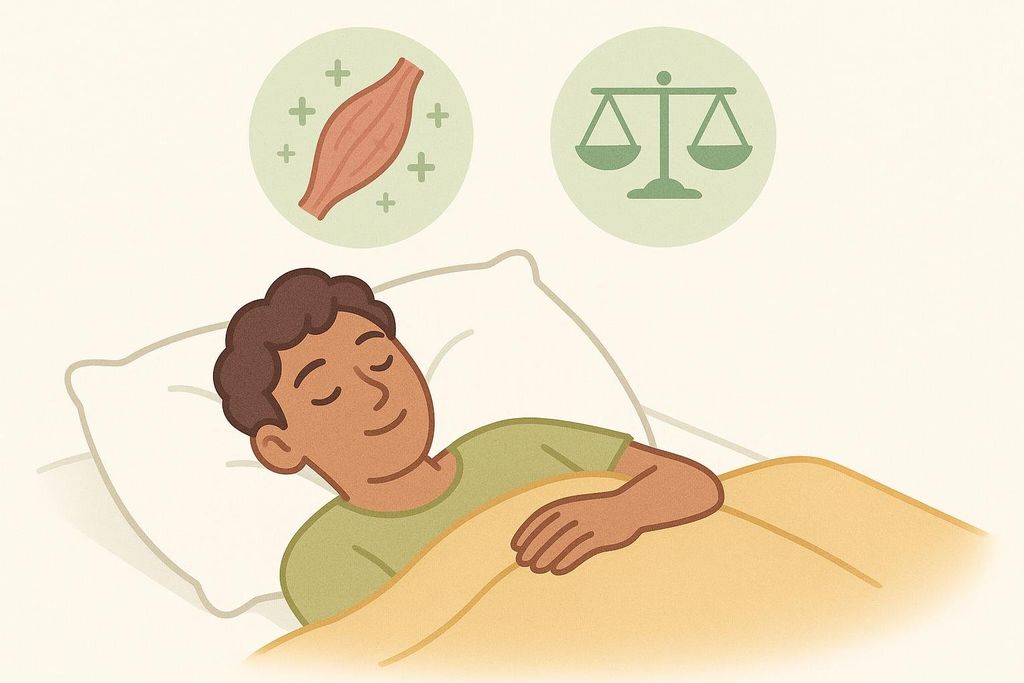 Illustration of a person sleeping peacefully with icons for muscle recovery and hormone balance floating above them, representing the importance of sleep for physical health.