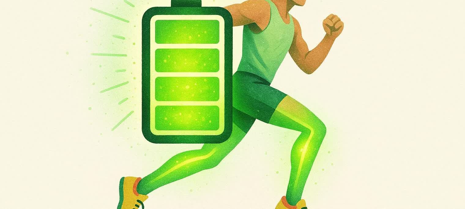 An illustration of a runner's legs glowing green and depicted as a fully charged battery, representing maximized energy from carbo loading.
