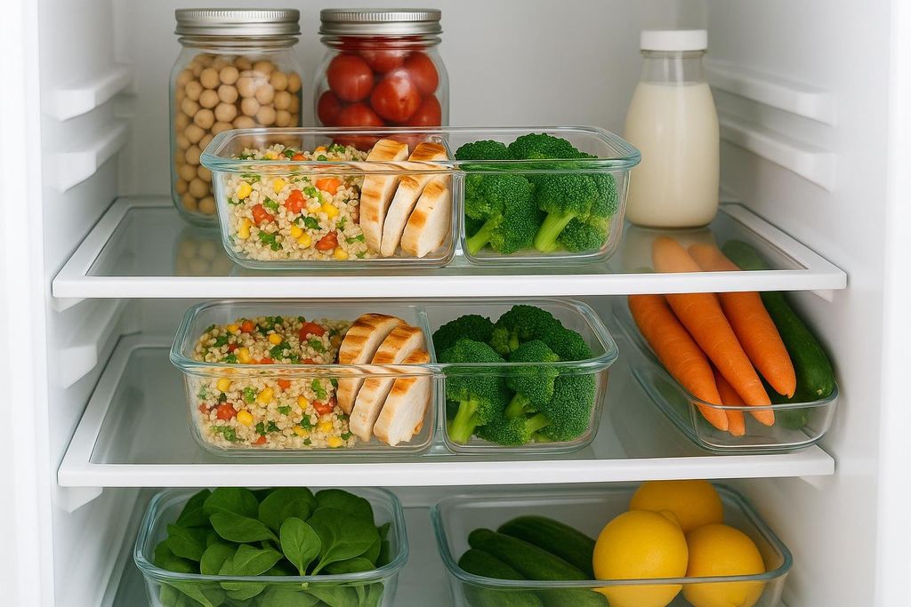 An open, well-organized refrigerator filled with healthy meal prep containers, featuring quinoa with vegetables, sliced chicken breast, and steamed broccoli on the top two shelves, with spinach, lemons, and cucumbers on the bottom shelf. Glass jars of chickpeas and cherry tomatoes, along with a bottle of milk, are also visible.