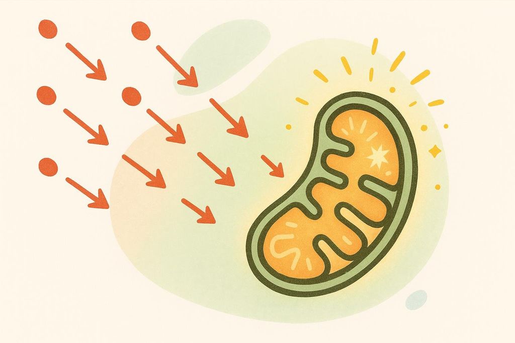 Illustration of red light photons activating a mitochondrion to produce ATP cellular energy.