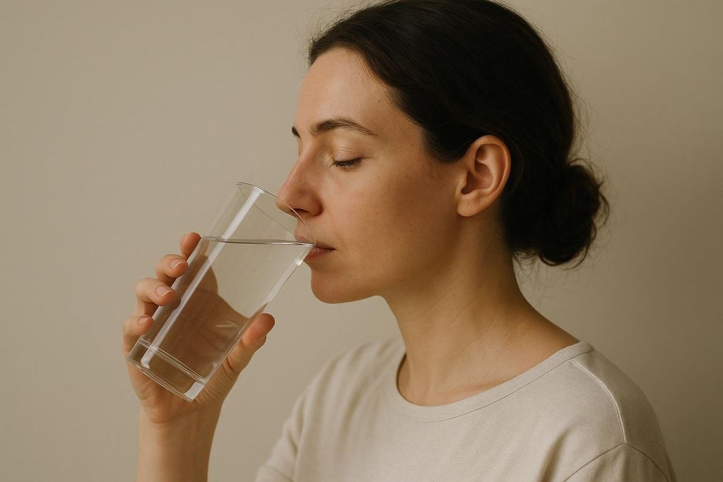 A woman with her eyes closed thoughtfully drinking a glass of water.