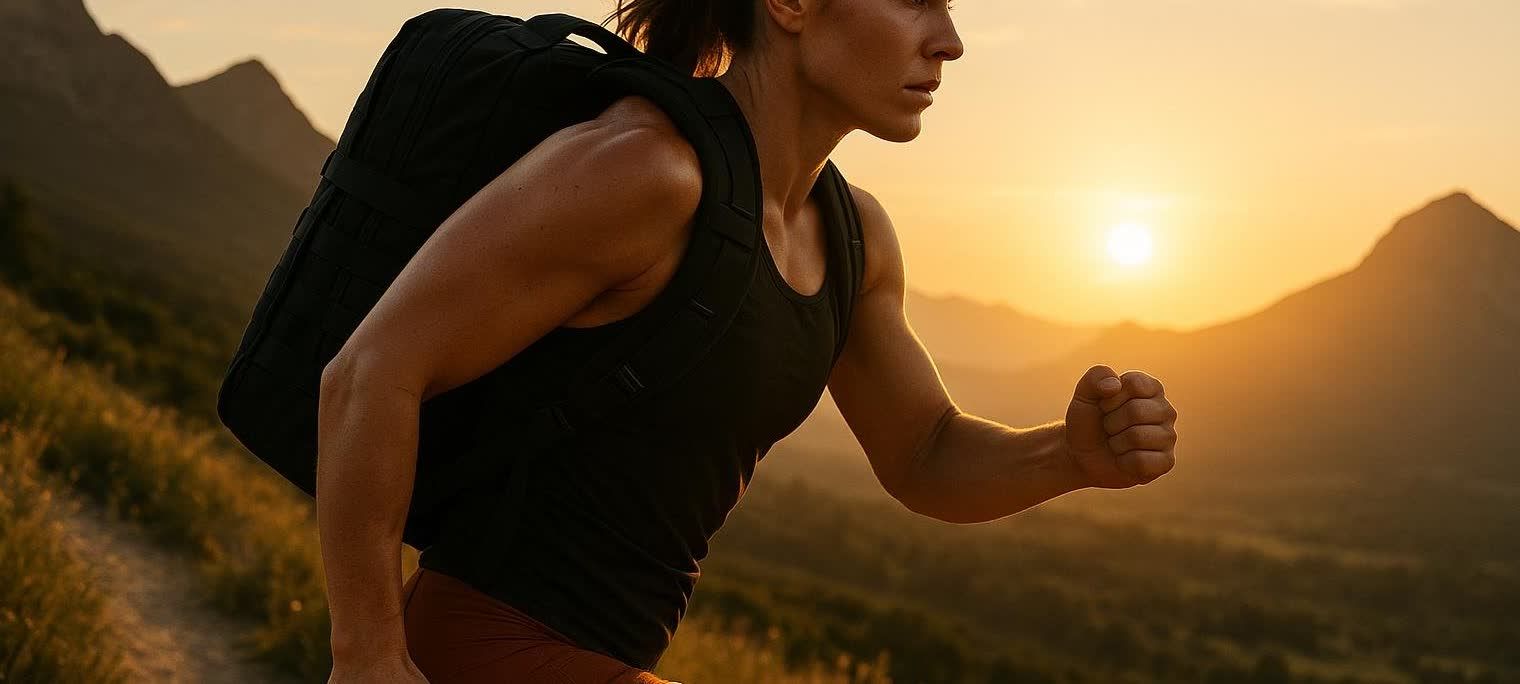 A fit woman wearing a black rucking backpack and tank top is captured mid-stride on a mountain trail at sunrise. Her face is turned slightly to the right, showing determination. The warm sunlight from the rising sun illuminates the background mountains.