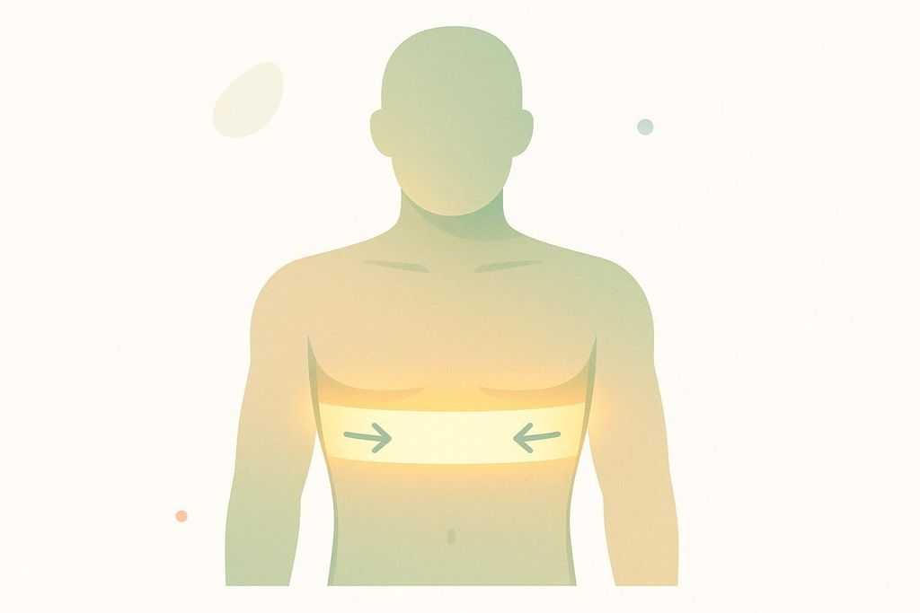 Abstract illustration of a human torso with a highlighted band around the chest, and two arrows pointing inwards, indicating where to measure for a posture corrector.