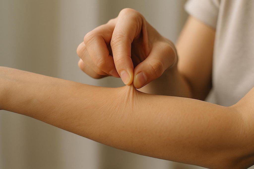 A person's hand pinching the skin on their forearm, making it wrinkle. This action can be used to test for skin turgor or looseness versus fat, often associated with dehydration or aging.